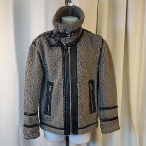 Zara Sherpa Heavy Gray Biker Jacket Men's Oversized Small Fleece With Black Trim